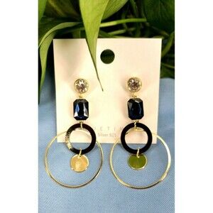 Dangle Earrings Blue & Clear Rhinestones Circles - Statement Earrings, 2.9" Drop